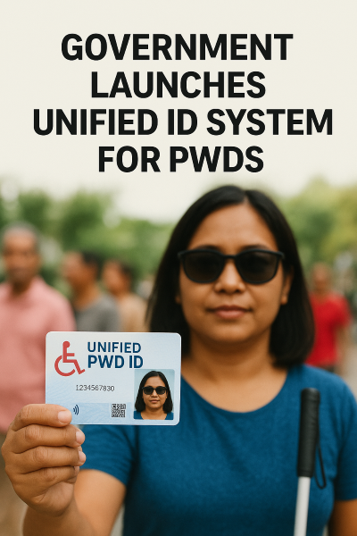 a woman holding a card labeled "Unified PWD ID" with a wheelchair symbol and a number. She is wearing sunglasses and holding a white cane, indicating she might have a visual impairment.